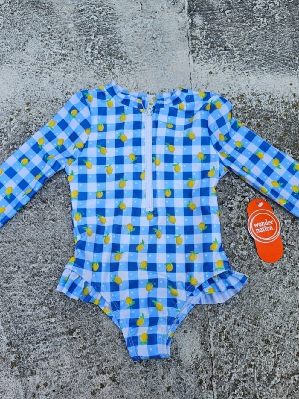 Wonder Nation Girls Swim Suit Blue Gingham Lemon One-Piece Swimsuit Size 2T NWT